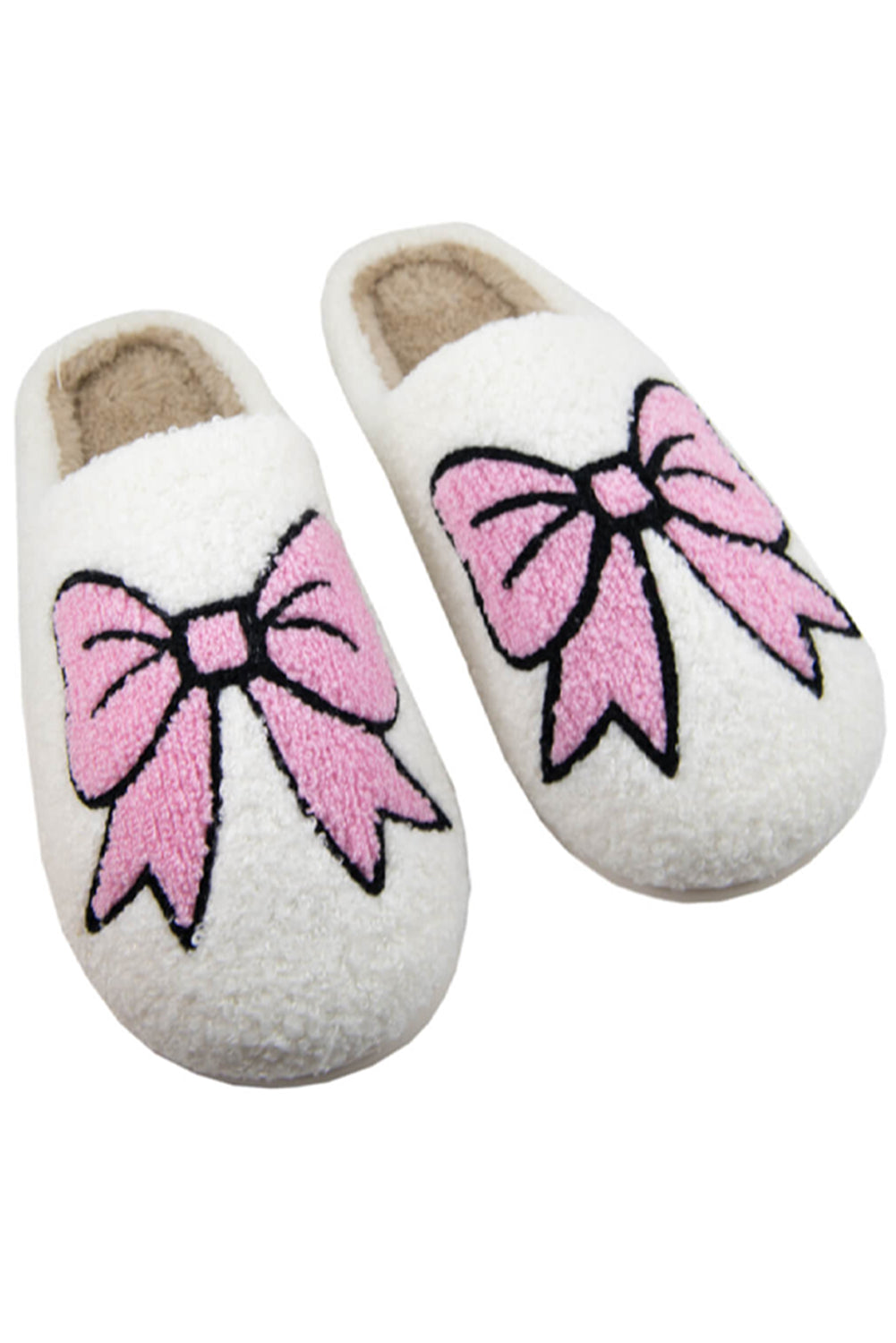 White Cute Bowknot Pattern Fuzzy Winter Home Slippers(back-order Estimated Shipping Date：11/30/2024)