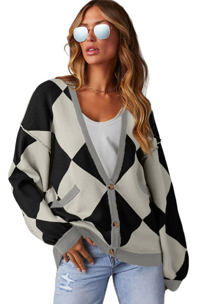 Black Checkered Pattern Drop Shoulder Buttoned Loose Cardigan