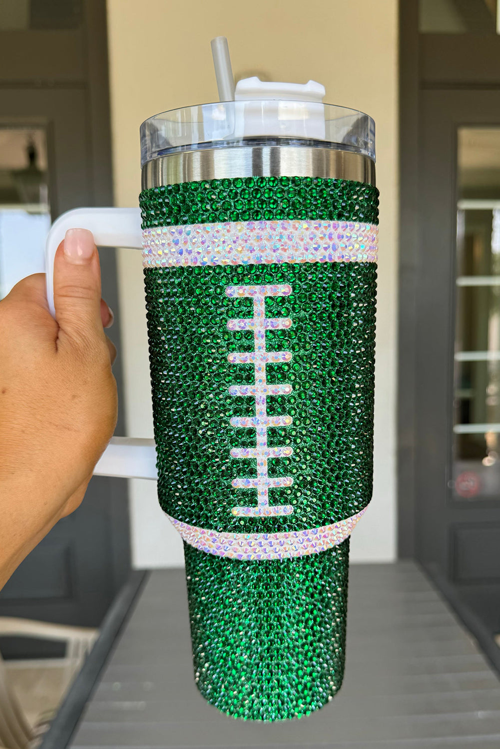 Orange 40oz Rhinestone Rugby Football Handle Vacuum Cup