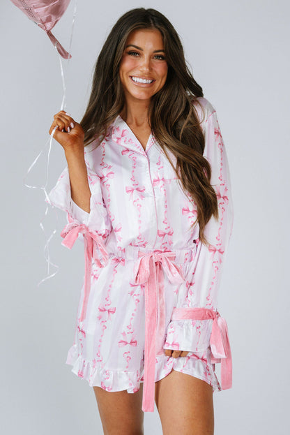 Pink Bow Print Bell Sleeve Shirt and Ruffle Hem Shorts Pajama Set