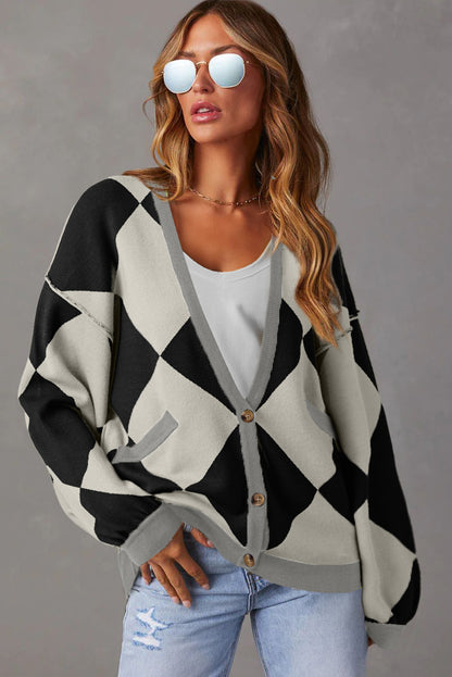 Black Checkered Pattern Drop Shoulder Buttoned Loose Cardigan