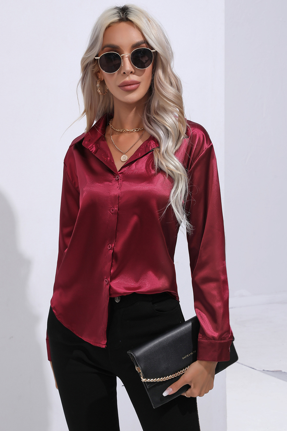 Red Dahlia Button Down Satin Long Sleeve Blouse