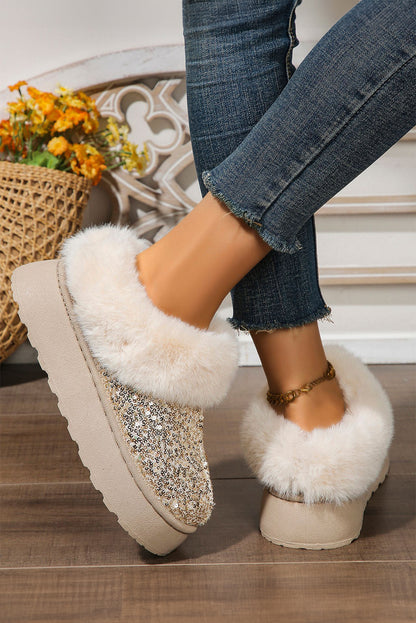 Gold Sequin Plush Lined Thick Sole Snow Boots(back-order Estimated Shipping Date：11/30/2024)