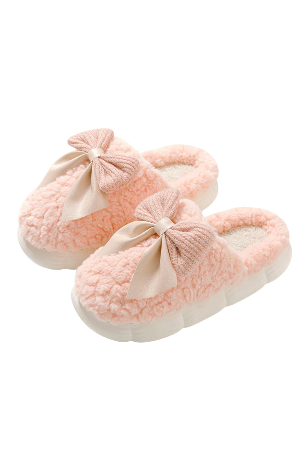 Pink Contrast Bowknot Applique Plush Winter Slippers(back-order Estimated Shipping Date：11/30/2024)