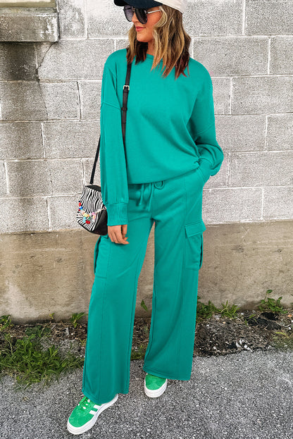 Solid Color Pullover Top and Cargo Pants Set