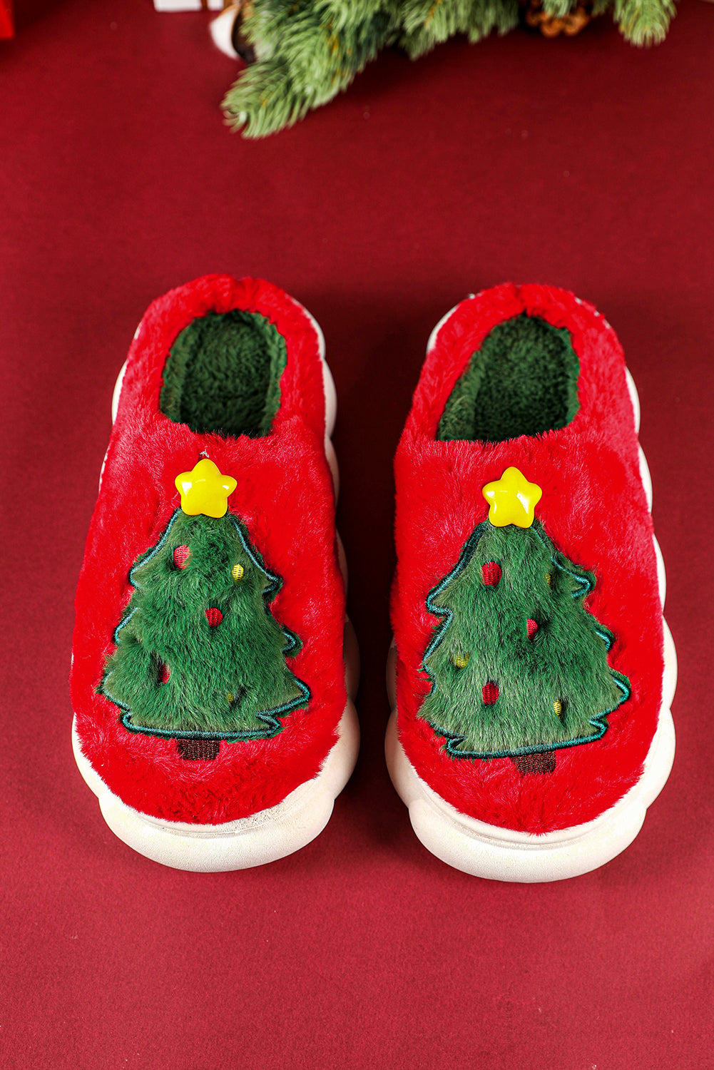 Fiery Red Christmas Tree Graphic Plush Slippers(back-order Estimated Shipping Date：11/30/2024)