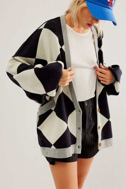 Black Checkered Pattern Drop Shoulder Buttoned Loose Cardigan