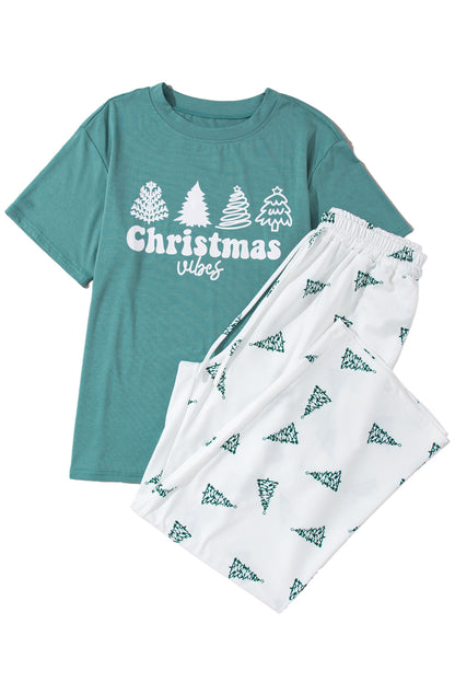 Green Christmas Tree Print Tee & White Pants Loungewear Set