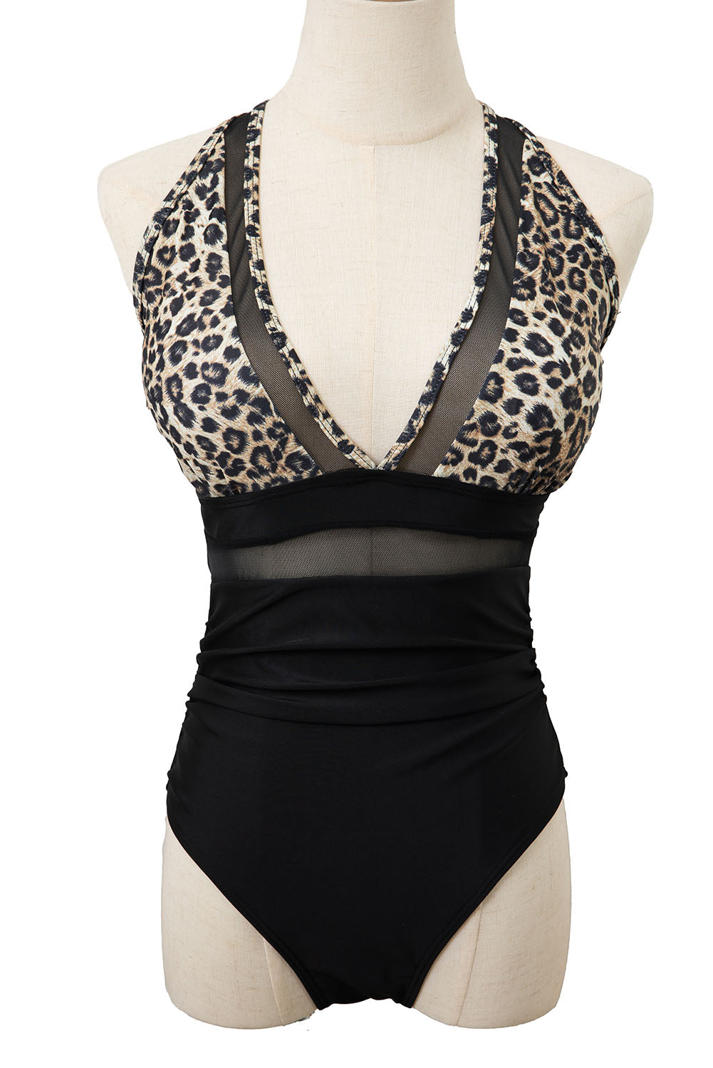 Brown Leopard Mesh Insert V Neck High Waist Monokini