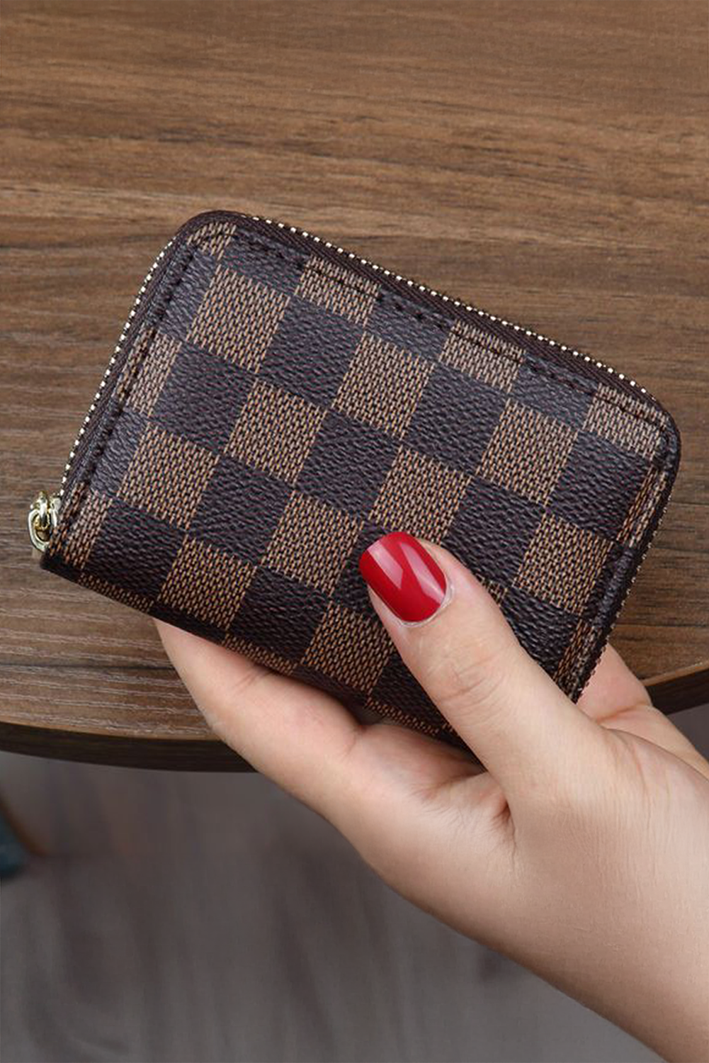 Coffee Checkered Faux Leather Zipper Card Organize Wallet