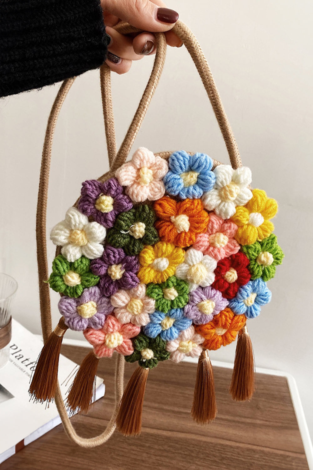 Coffee Colorful Flower Crochet Tasseled Shoulder Bag