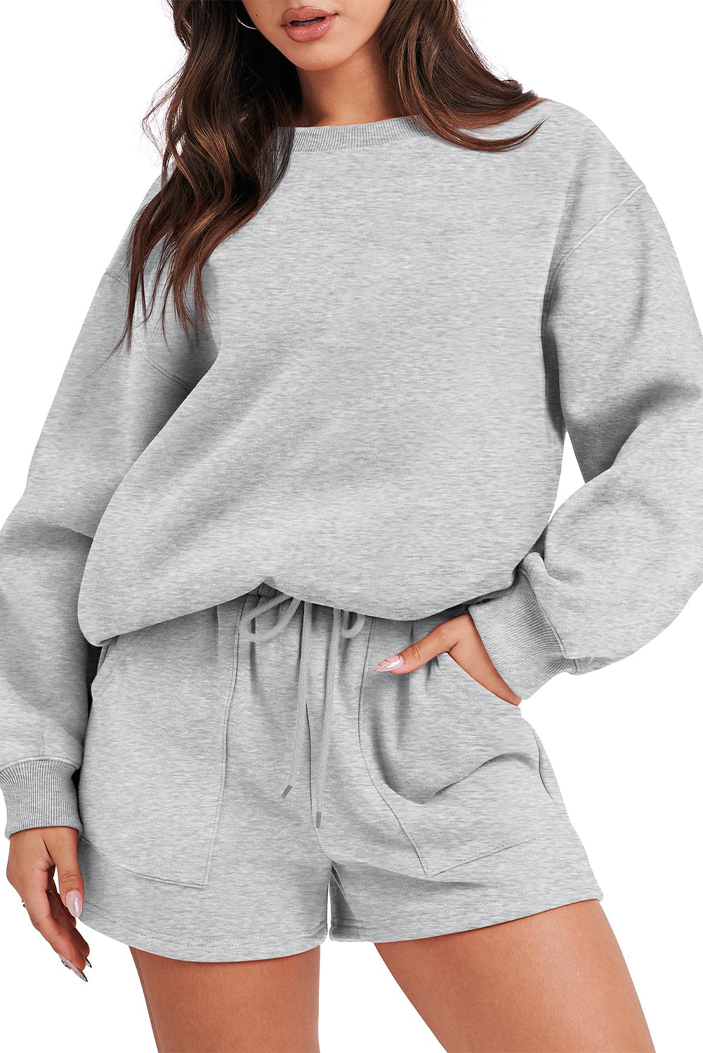 Light Grey Solid Pullover Sweatshirt and Shorts 2 Piece Set