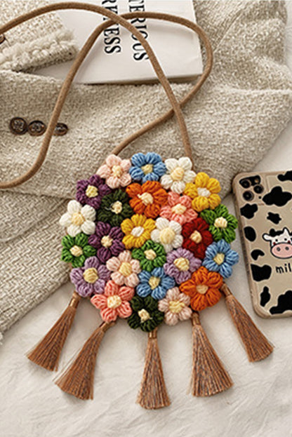 Coffee Colorful Flower Crochet Tasseled Shoulder Bag