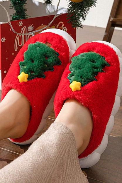 Fiery Red Christmas Tree Graphic Plush Slippers(back-order Estimated Shipping Date：11/30/2024)