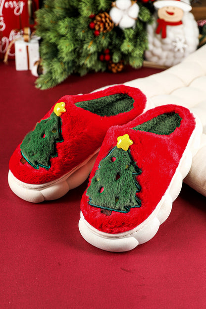 Fiery Red Christmas Tree Graphic Plush Slippers(back-order Estimated Shipping Date：11/30/2024)