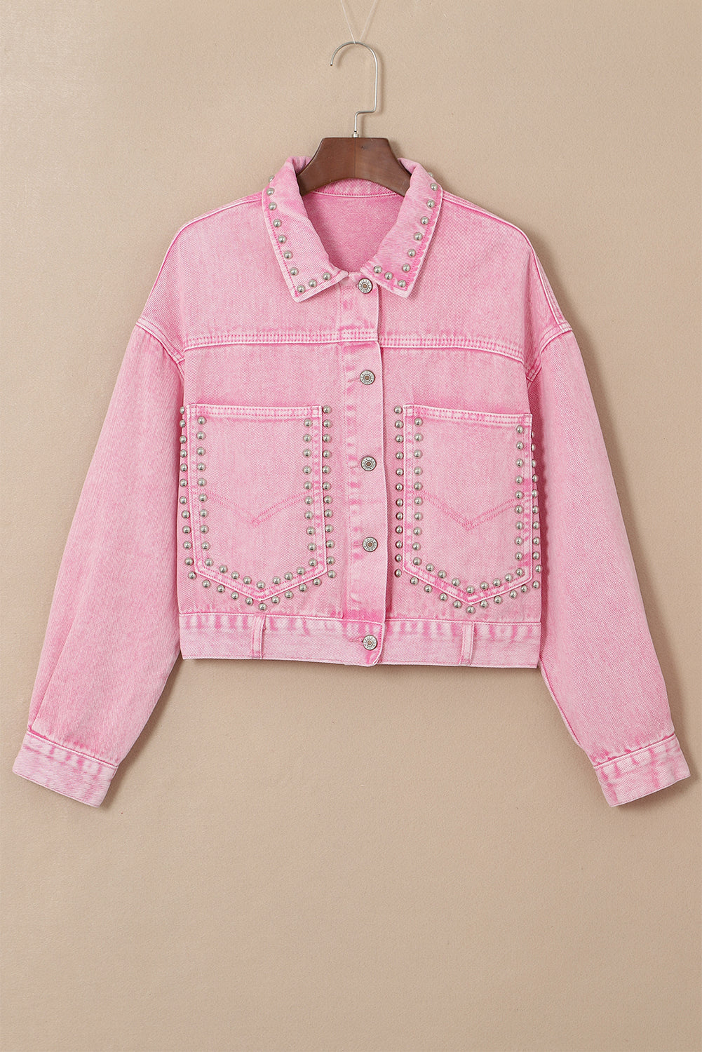 Pink Rivets Pocketed Cropped Denim Jacket