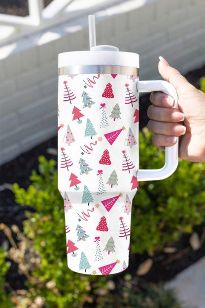 White Cartoon Christmas Tree Printed Thermos Cup