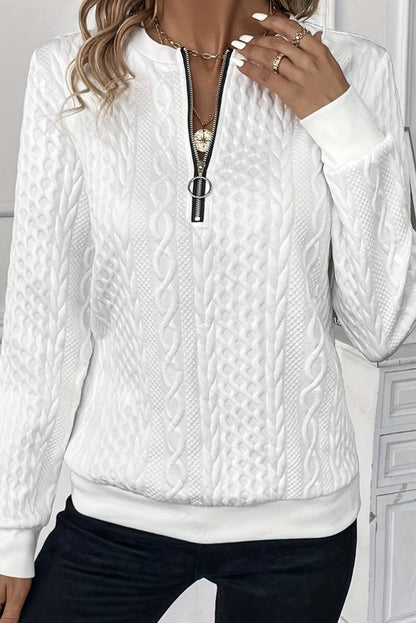 White Casual Zipper Pullover Sweater