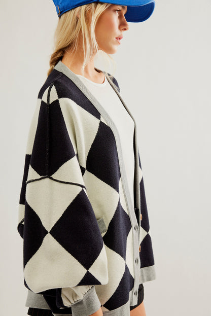 Black Checkered Pattern Drop Shoulder Buttoned Loose Cardigan